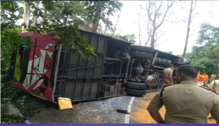 കുട്ടിക്കാനം വളഞ്ഞങ്ങാനത്തിന് സമീപം ശബരിമല തീർത്ഥാടകരുടെ ബസ്  നിയന്ത്രണം നഷ്ടപ്പെട്ട്  റോഡിലേക്ക് മറിഞ്ഞു